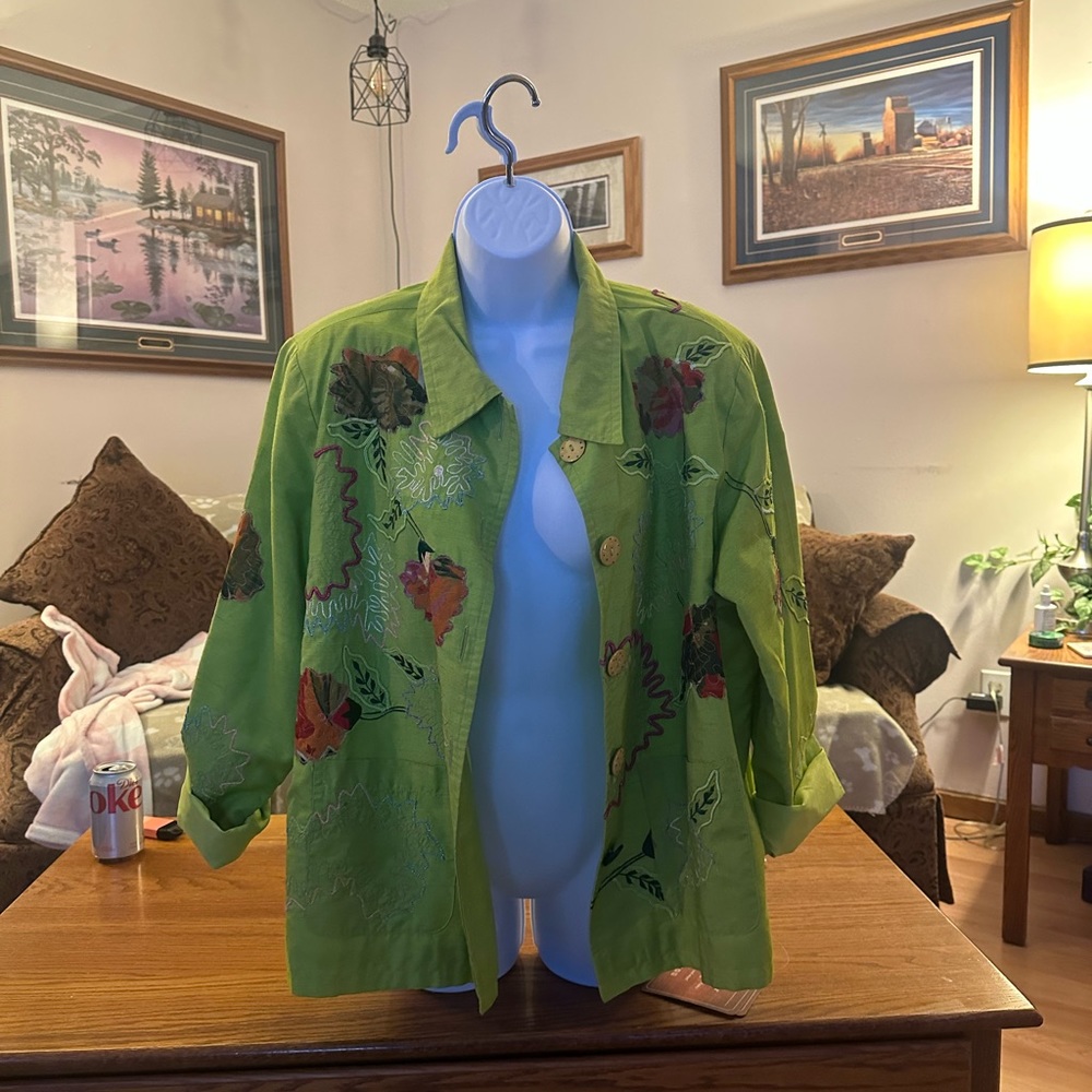 Variations Floral Abstract Embroidered Blazer Vintage Lime Green Jacket